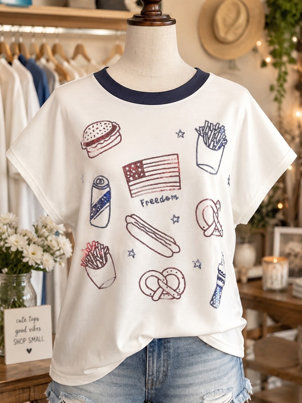 White Tee with Red & Blue Americana Sequin Graphics